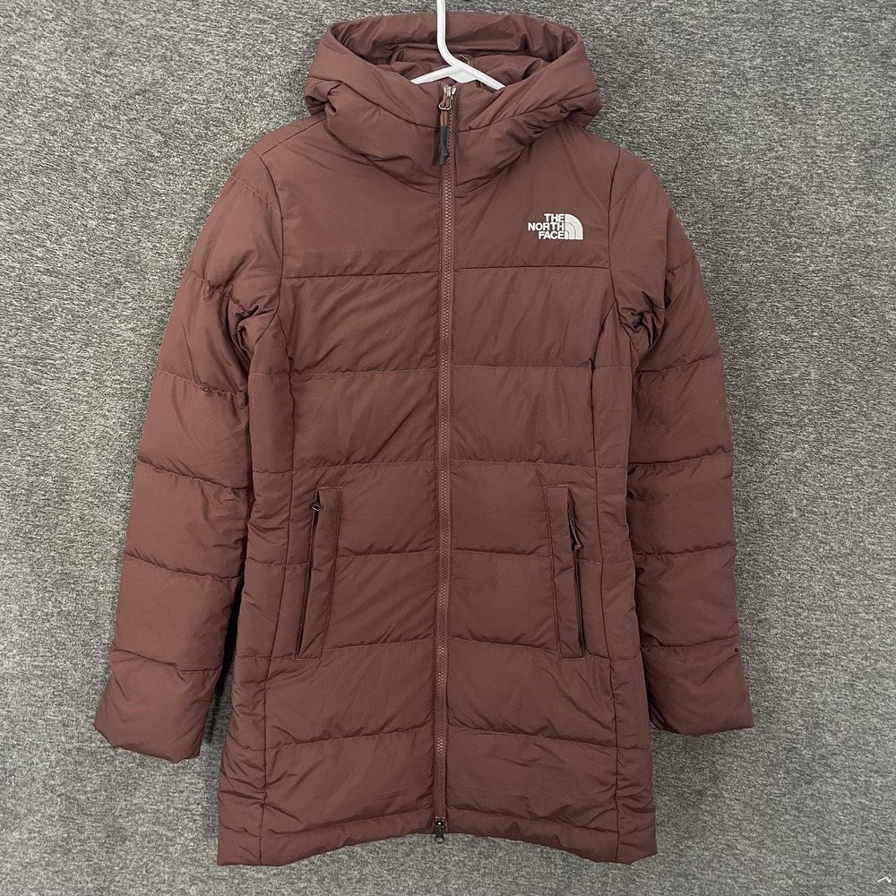 The North Face Down Parka Coat Womens XS Brown 550 Puffer Hooded Full Zip Warm